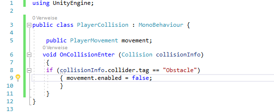 Das PlayerCollision Script in Unity